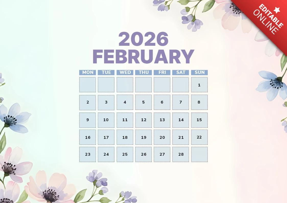 Şubat 2026 için çiçek tasarımı takvim şablonu