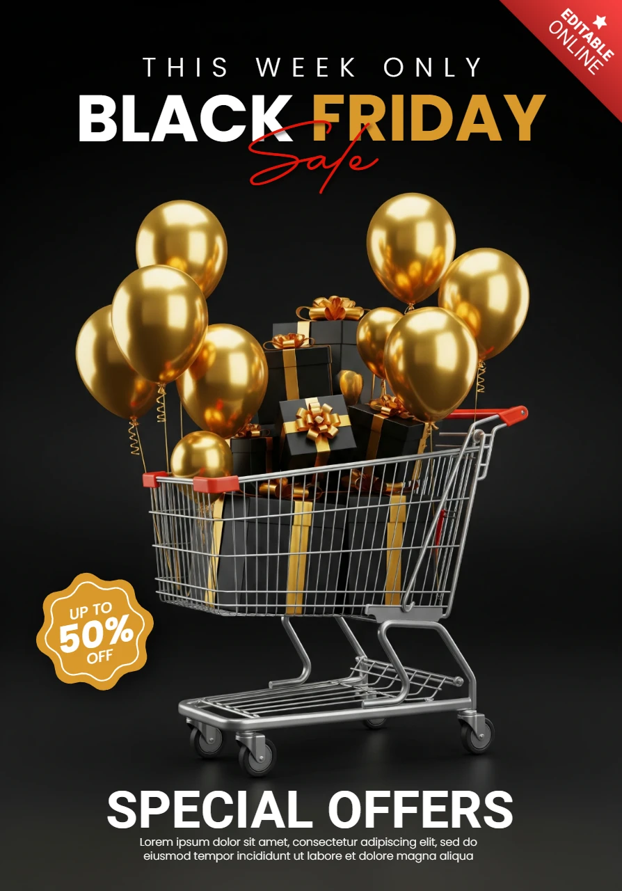 Conception de vente festive du Black Friday, ruban doré, cadeaux et ballons de célébration encadrant le modèle d'offre central pour les flyers promotionnels.