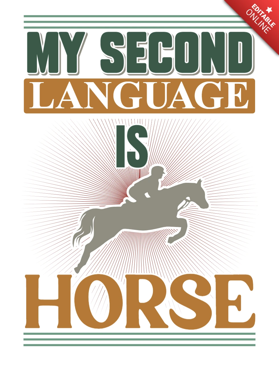 Modèle de typographie vintage : 'ma deuxième langue est le cheval' graphique modifiable