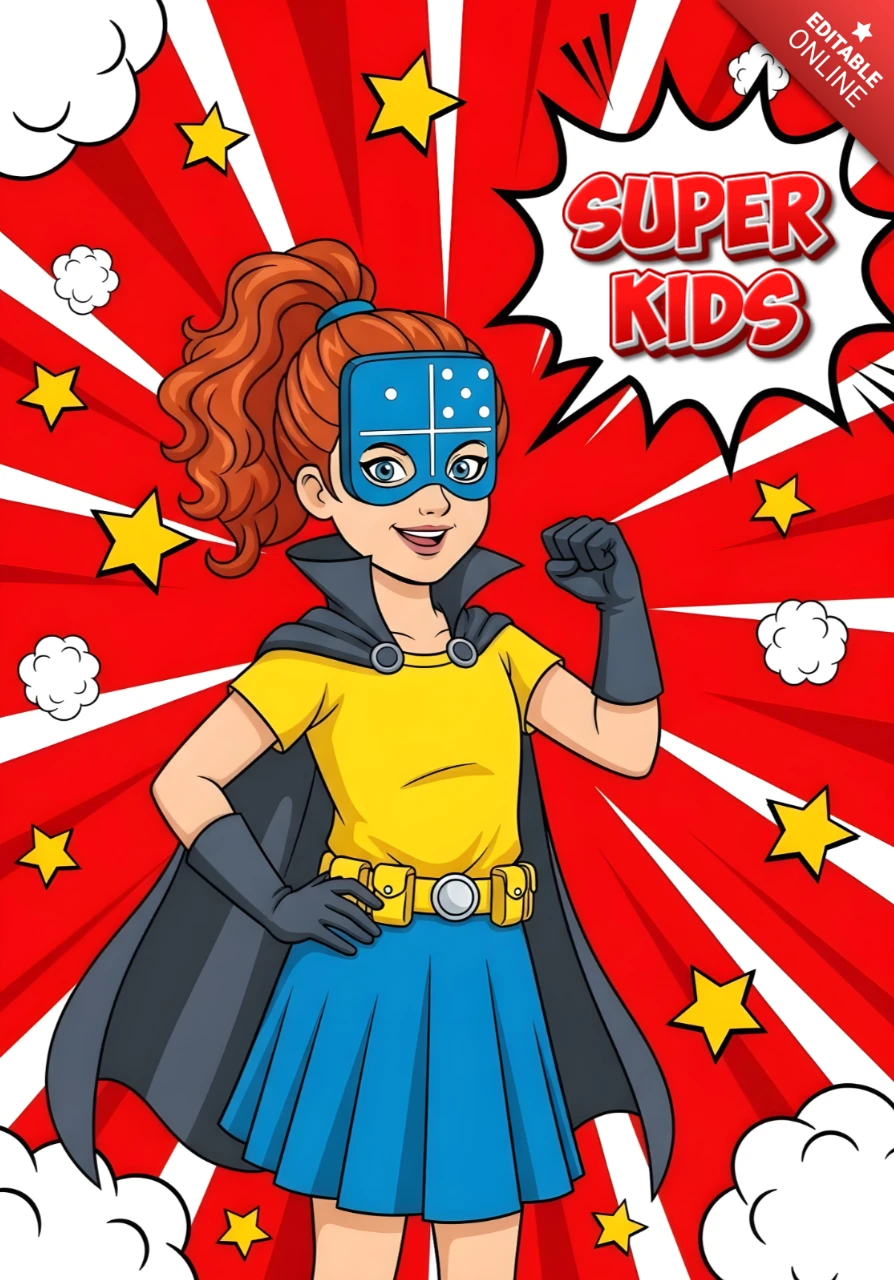 Super garota heroína de desenho animado com cabelo vermelho, capa preta e pose empoderadora, modelo de design de pôster