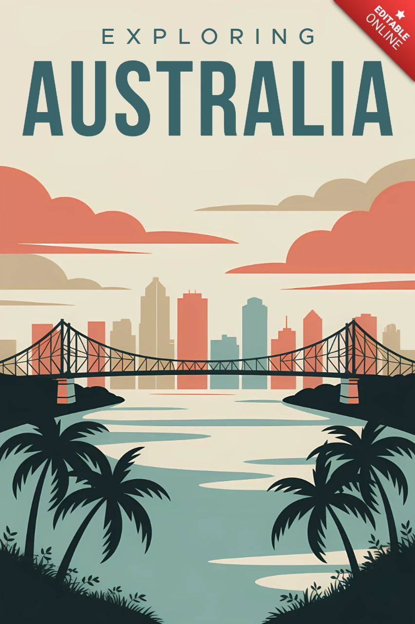Template de design de cartaz de viagem vintage da Austrália com horizonte da cidade e ponte.