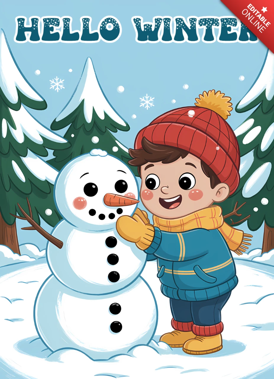 Winterwunderland-Designvorlage mit verspieltem Schneemann und Kind für Weihnachtskarten