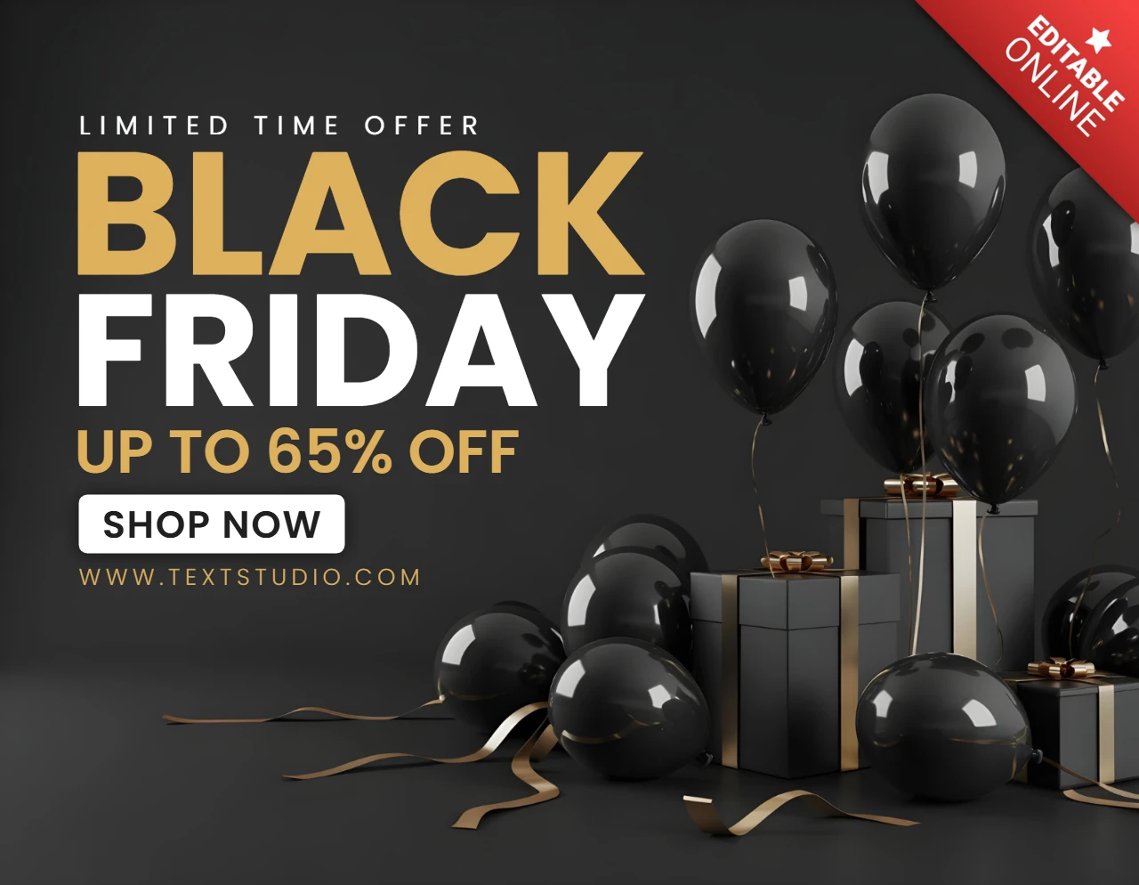 Affiche de vente de vacances design luxe Black Friday avec des rubans dorés, des confettis et des graphiques de célébration, modèle de design pour promotionnel.