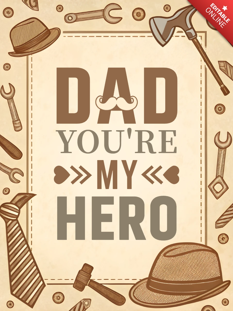 Plantilla de diseño vintage para el día del padre: 'papá, eres mi héroe' con herramientas y sombreros