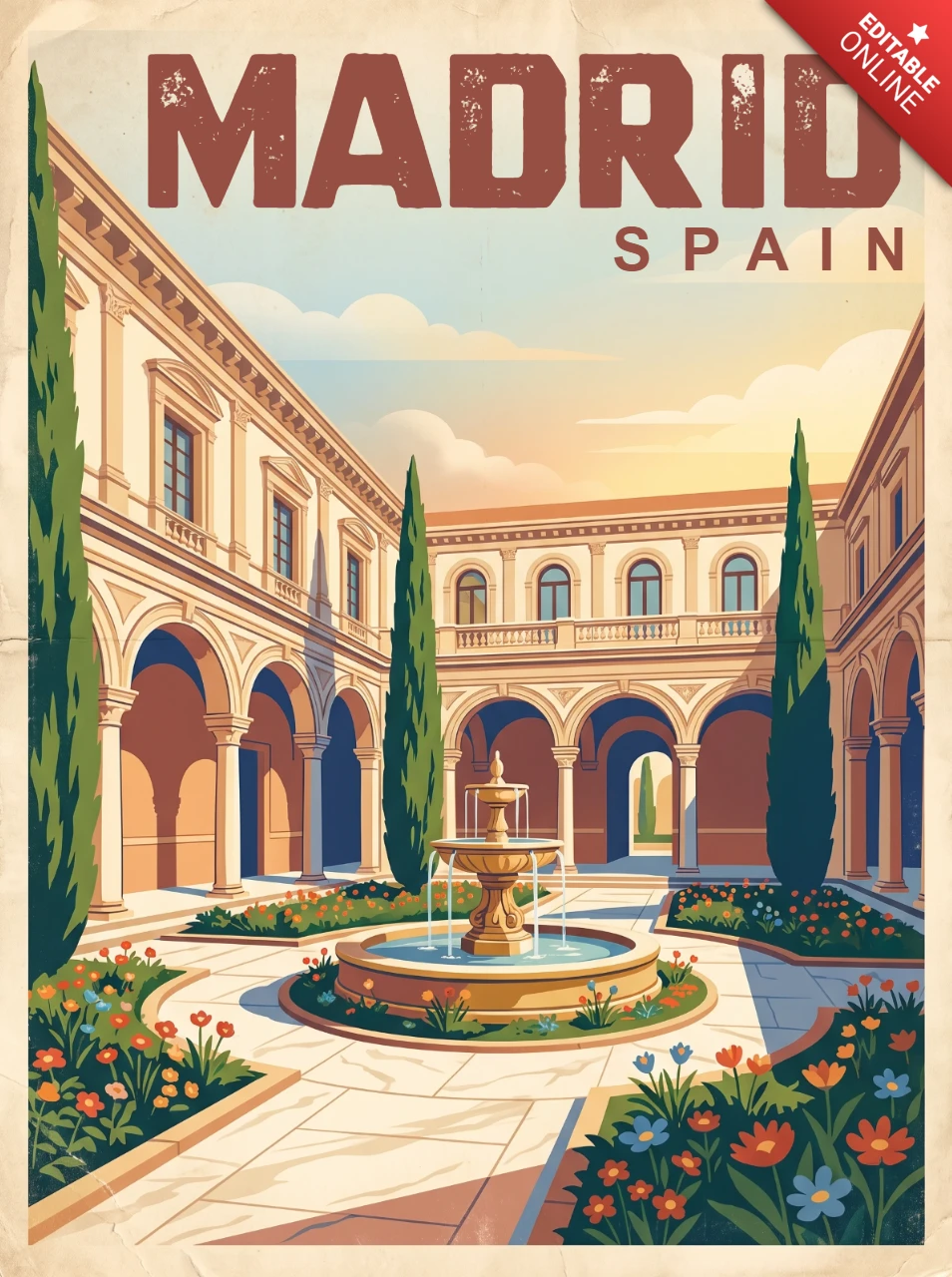 Madrid Retro Vintage Nature Poster Spain Scenic Courtyard Fountain Cypress Trees Flower Beds Arched Walkways Historic Architecture Travel Wall Illustration