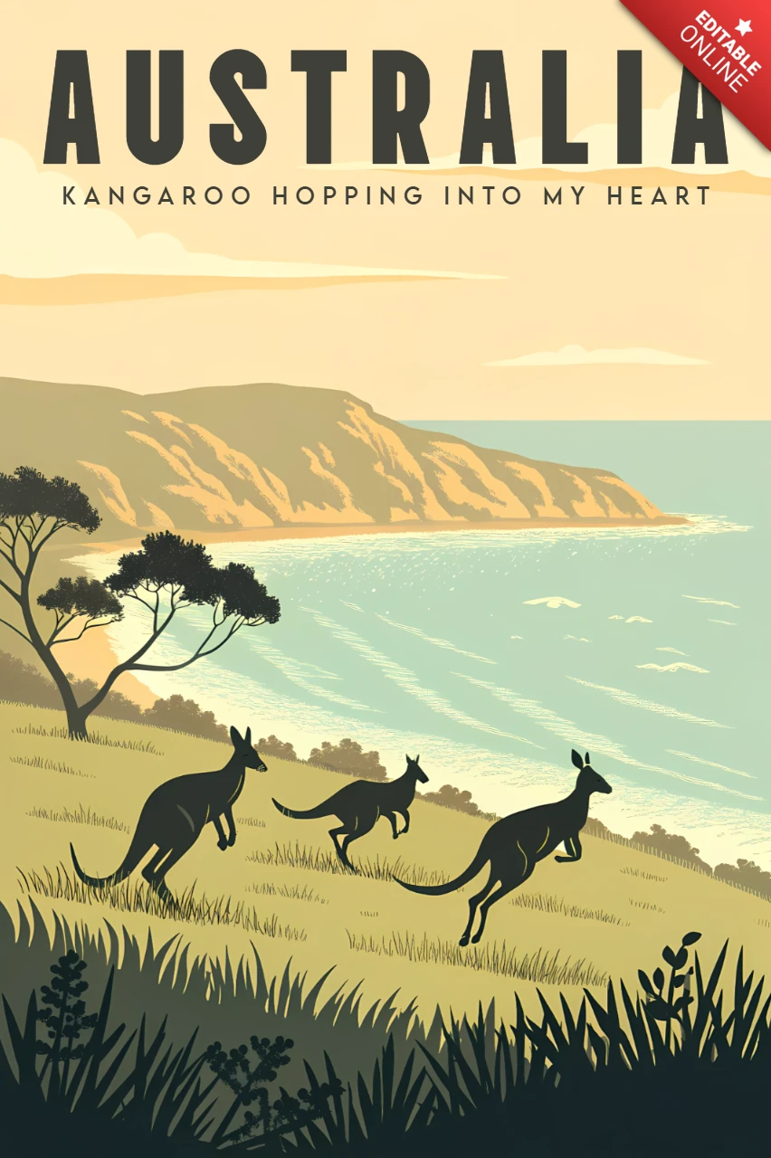 Template de design vintage de canguru da Austrália para pôsteres de viagem