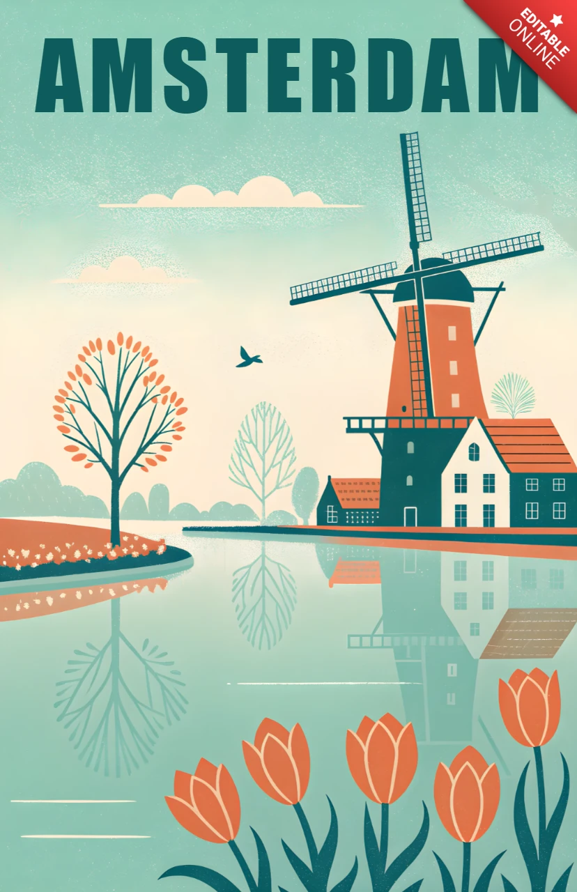 Modèle de design rétro d'Amsterdam avec un moulin à vent et des tulipes pour des affiches