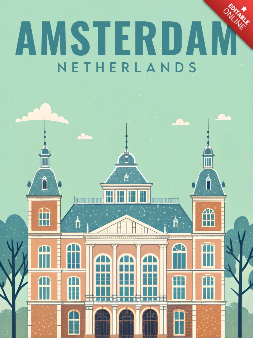 Plantilla de diseño de monumentos de Ámsterdam para carteles de viaje