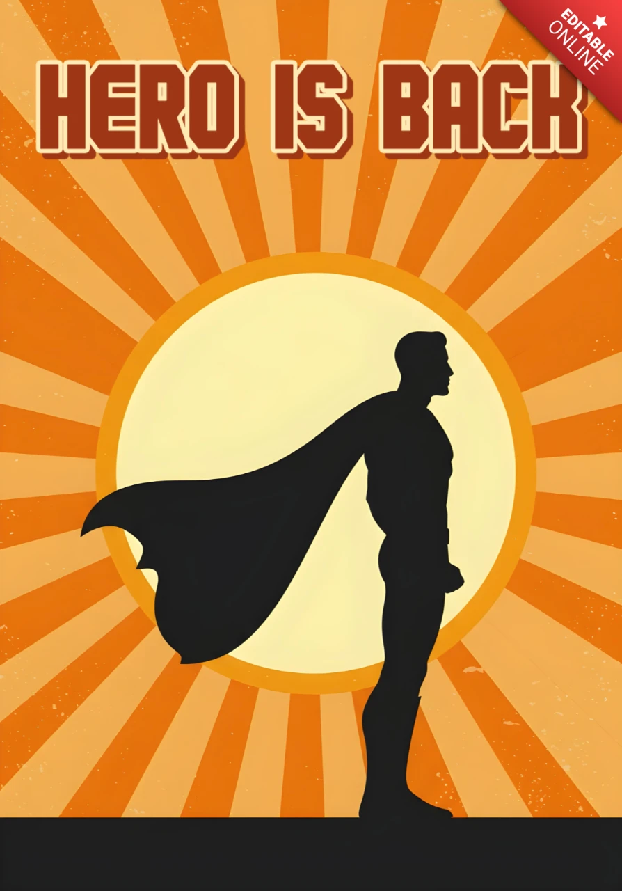 Il poster di design del template presenta un eroe di spalle con mantello e uno sfondo arancione-giallo a raggiera.