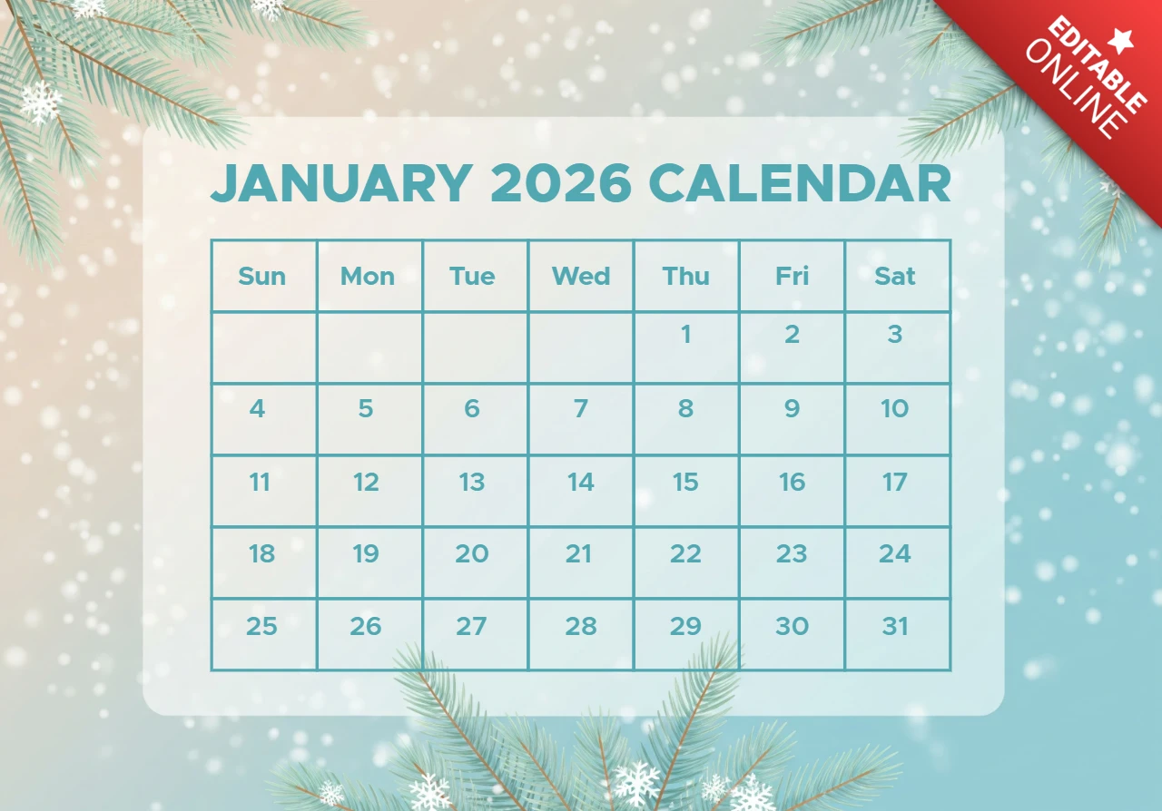 Calendário de janeiro de 2026 com tema de floco de neve cintilante, com acentos de pinheiro e elegância sazonal.