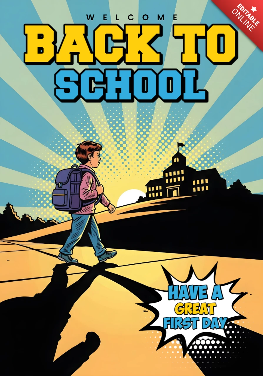 Retour à l'école, élève marchant vers une école en silhouette avec un fond de rayons de soleil, modèle de design d'affiche.