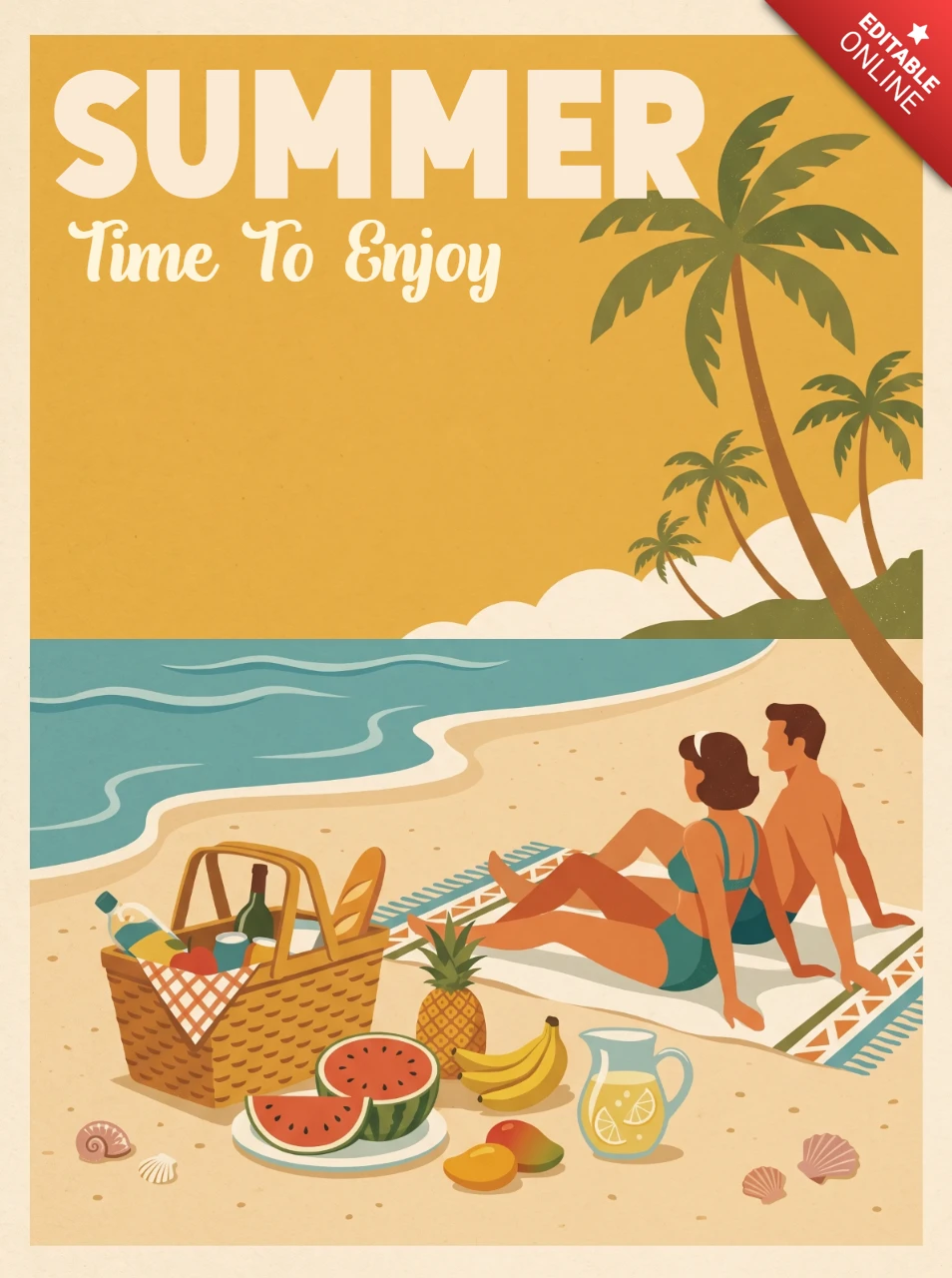 Vintage Summer Poster Featuring Palm Trees, Picnic Basket, Fruits, Watermelon, Pineapple, Bananas, Lemonade Pitcher and Relaxing Tropical Beach Scene