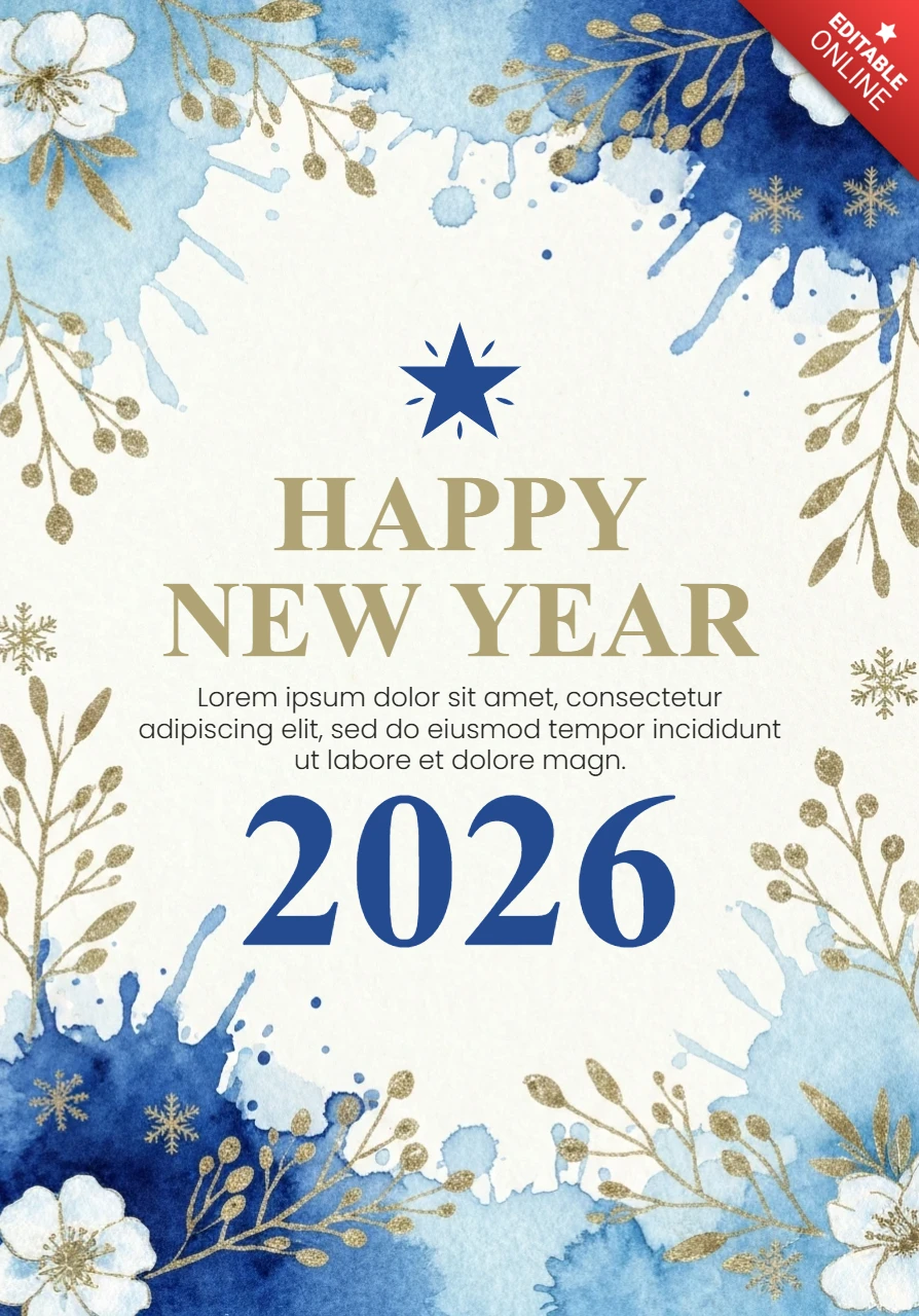 Biglietto d'auguri blu in acquerello con accenti dorati e tipografia di celebrazione buon anno 2026