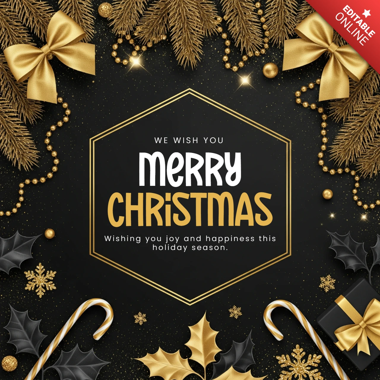 Biglietto di auguri di Natale con rami di pino dorati e ornamenti che circondano l'augurio di gioia e felicità, modello di design per saluti.