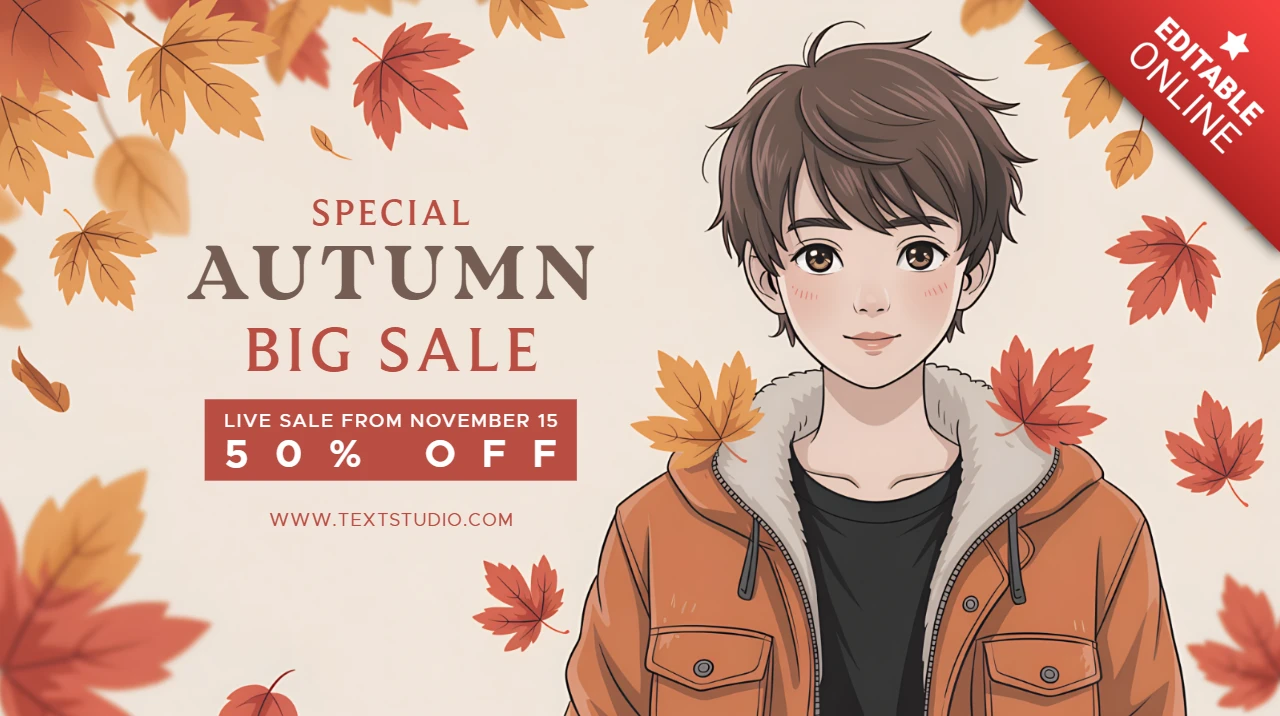 Herbstverkaufs-Promotion-Designvorlage mit Charakter und Blättern für Marketingflyer