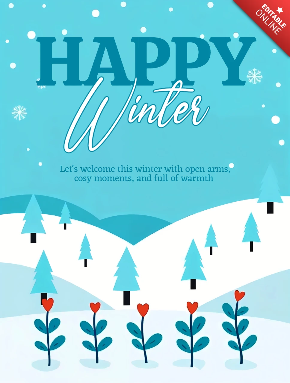 Plantilla de diseño de invierno feliz para tarjetas de saludo de temporada con árboles y flores.