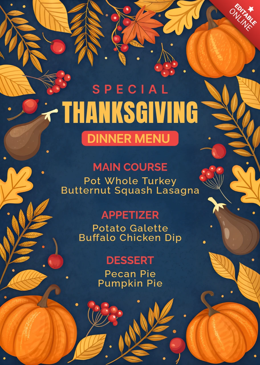 Modèle de menu de dîner de Thanksgiving avec des citrouilles et des feuilles d'automne pour des événements saisonniers