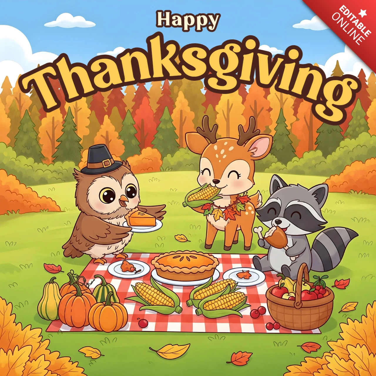 Cartoon-Eule, Reh & Waschbär Picknick mit Kürbiskuchen & Herbstbäumen Erntedankkarten-Bannerdesign-Vorlage