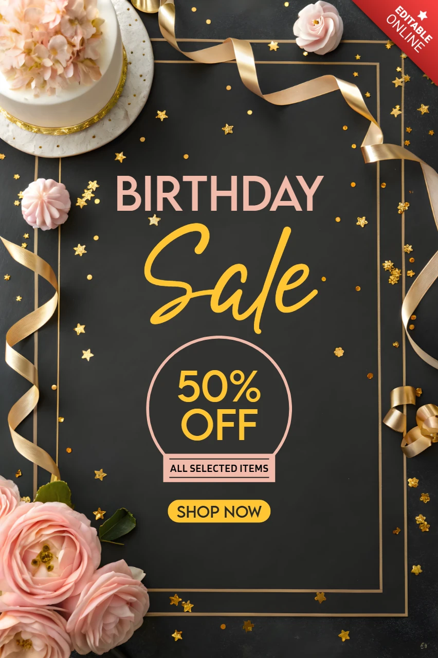 Elegant Birthday Sale Template Design with Floral Accents and Gold Highlights