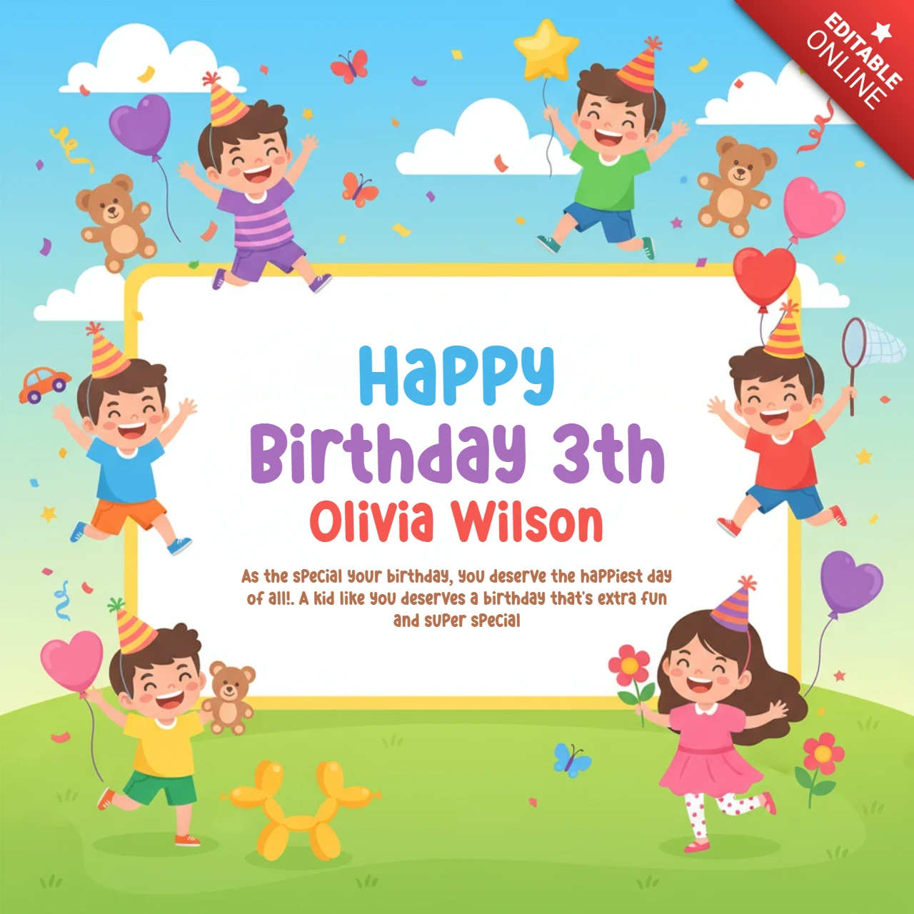 Feliz aniversário cartaz da celebração do 3º aniversário de Olivia Wilson com balões, bolo, brinquedos e tema de festa infantil alegre.