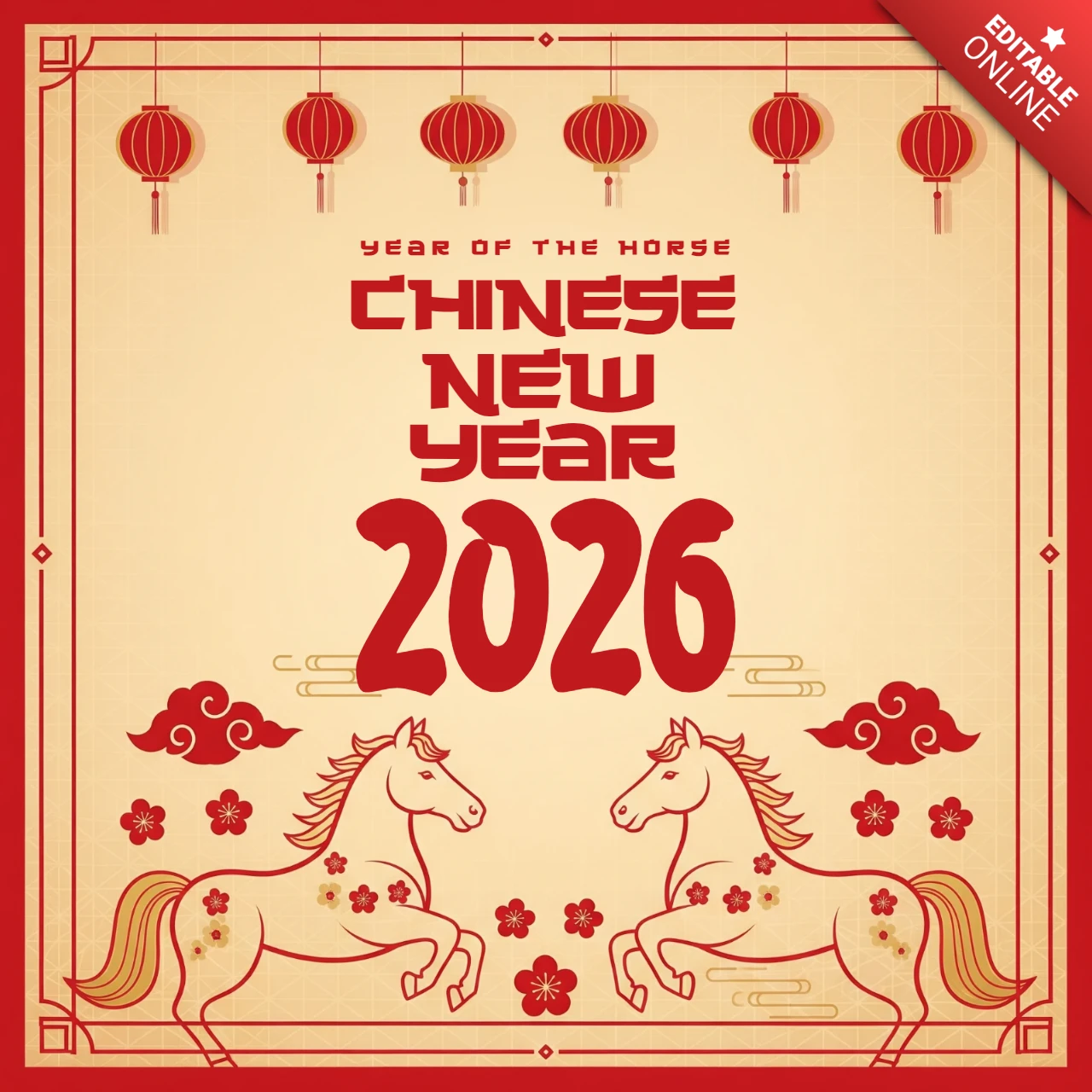 Ano novo chinês 2026, gêmeos cavalos dourados com acentos florais, lanternas e moldura vermelha para a celebração lunar.