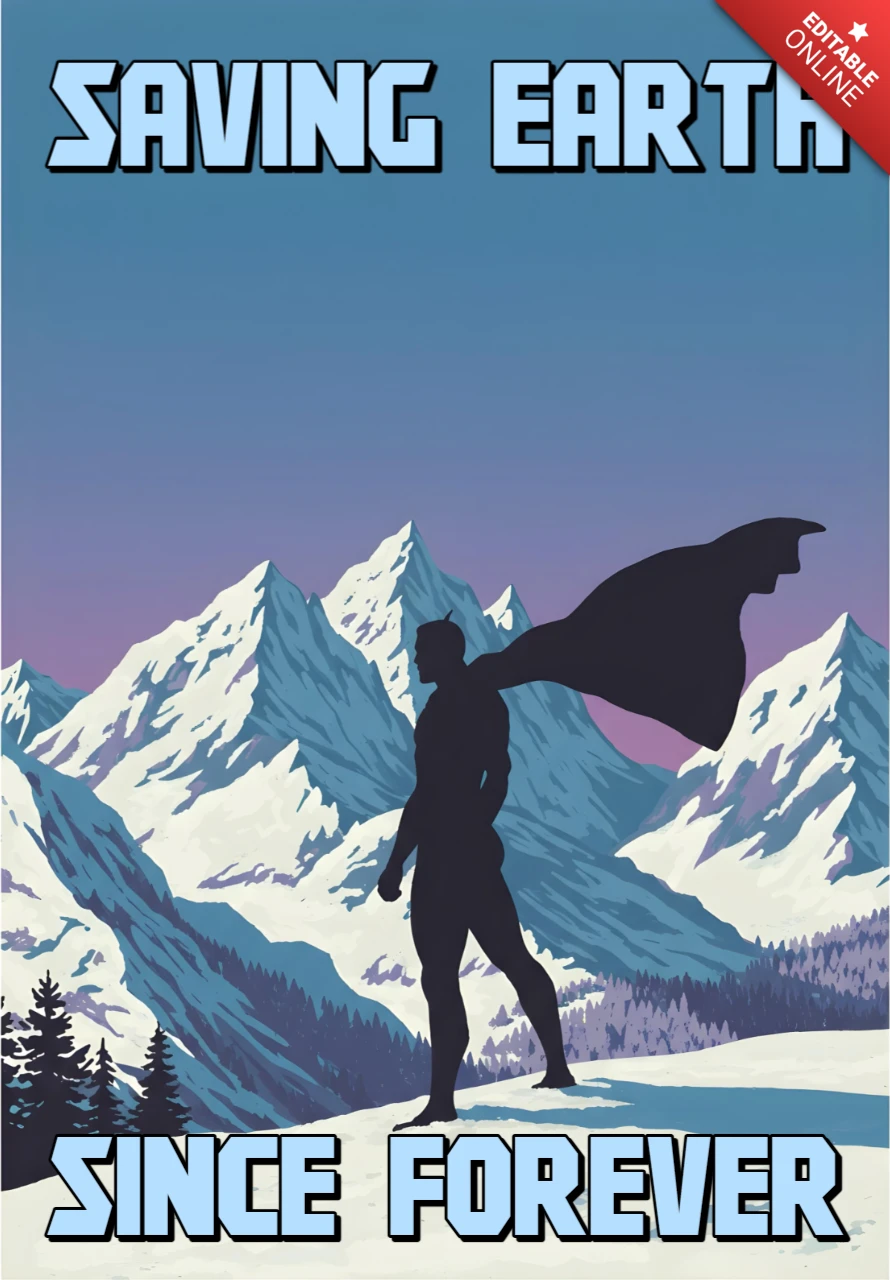 Die Erde seit jeher rettender Superhelden-Silhouette auf Posterdesign-Vorlage mit schneebedecktem Berggipfel