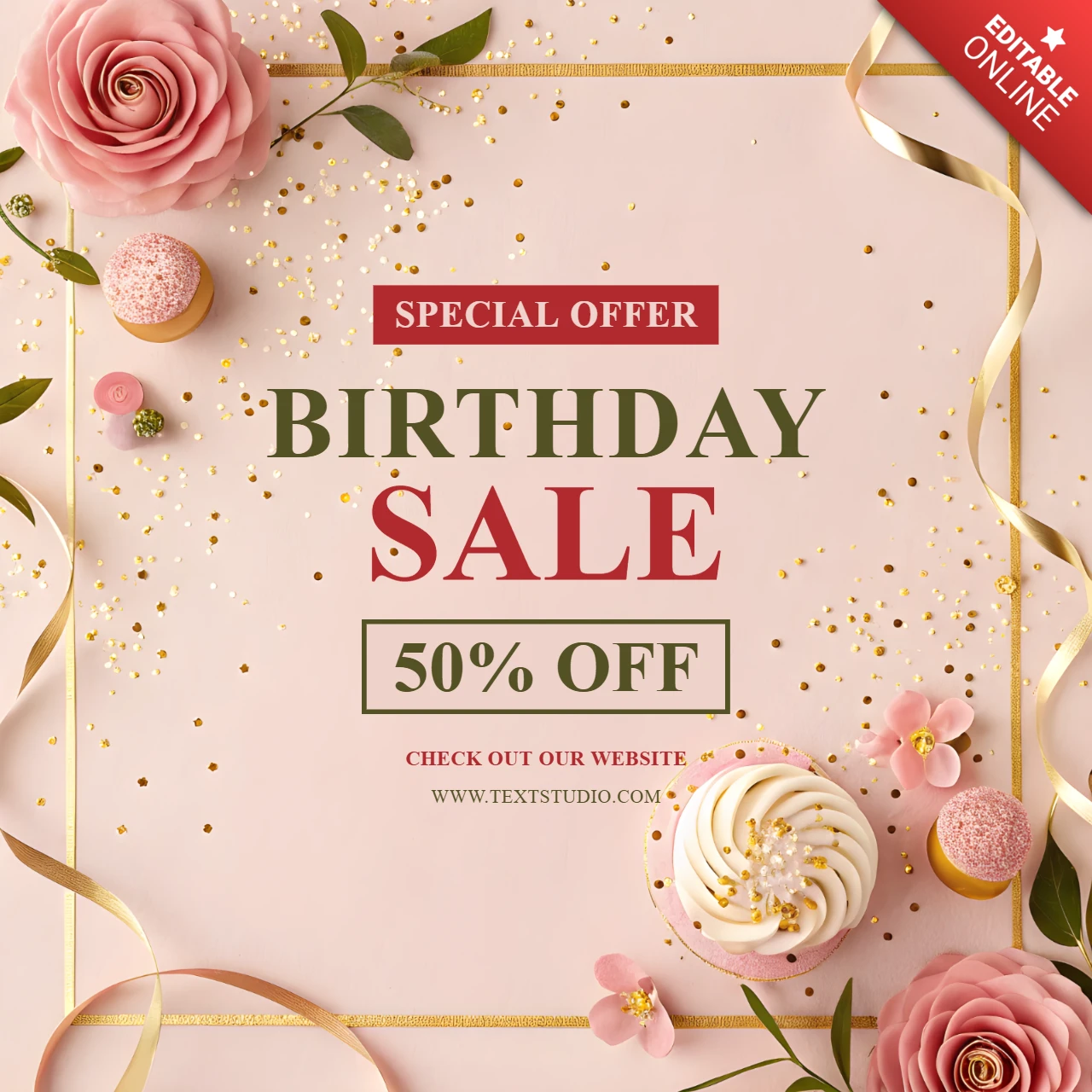 Elegant Birthday Sale Template Design with Floral Accents and Special Offer