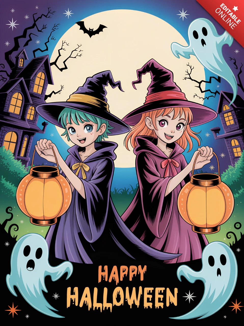 Plantilla de diseño espeluznante de Halloween con brujas y fantasmas para invitaciones a fiestas.
