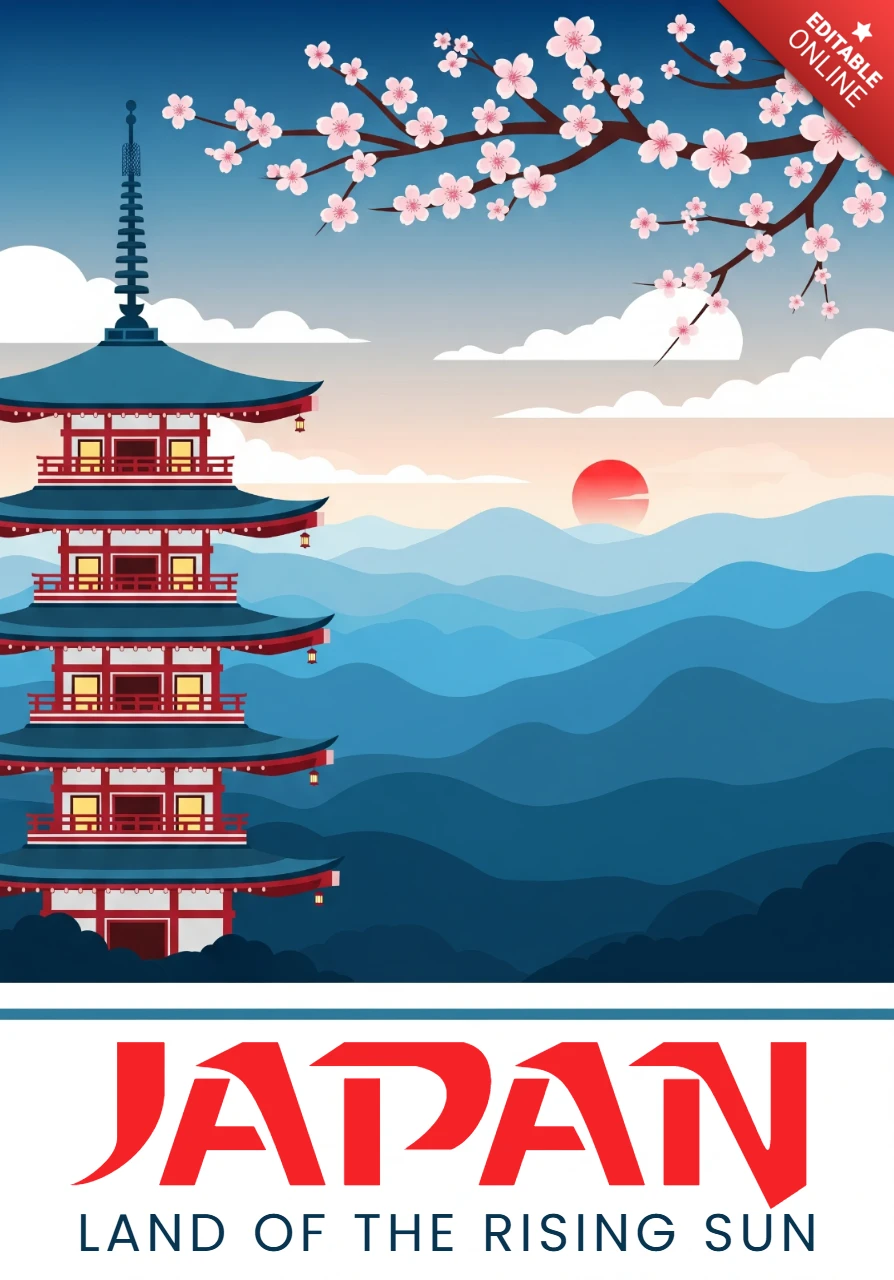Explore Japão pôster sol vermelho sobre montanhas com pagode e acentos de sakura em layout artístico