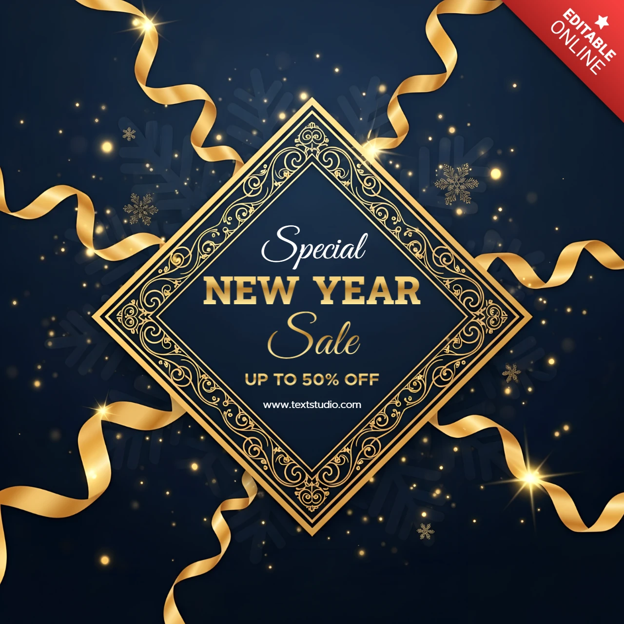 Elegantes Neujahrsverkaufsdesign mit goldenen Bändern für Werbeflyer