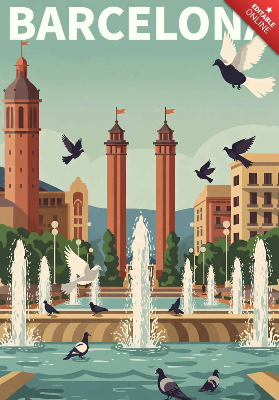 Venetian Towers with Fountain, Pigeons & Sunset Cityscape Barcelona Travel Posters Design Template