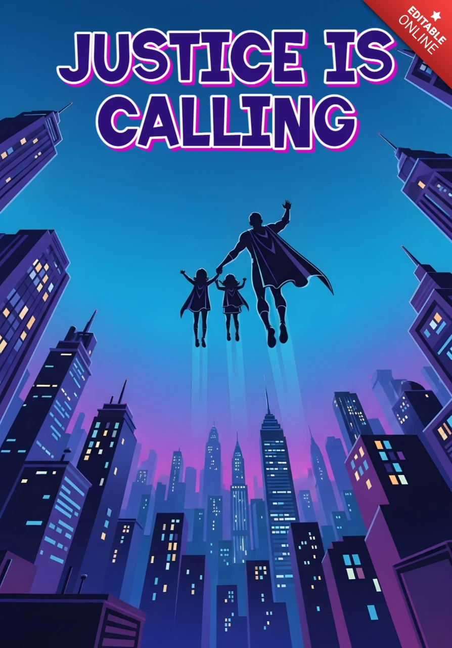 Justice Is Calling Superhero & Children Flying Over Night Cityscape Poster Design Template