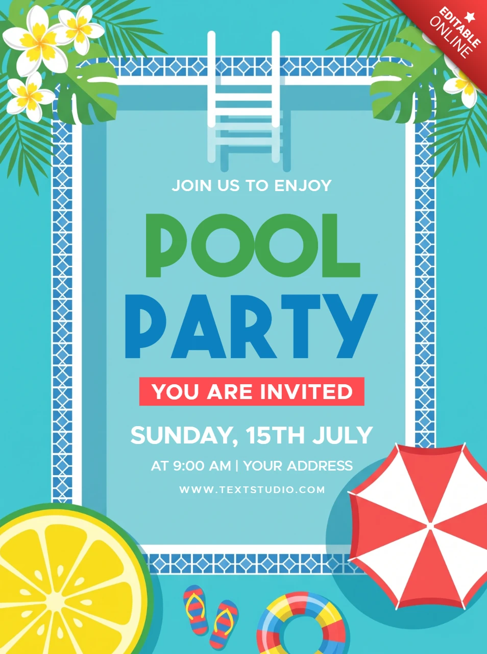 Colorful summer pool party invitation flyer with tropical flowers and swimming pool elements in a flat design style