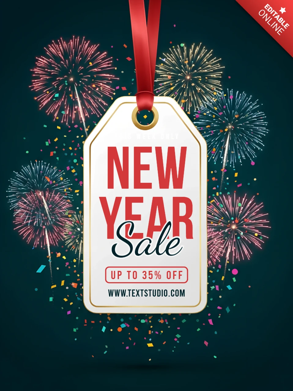 Template di design per la vendita di Capodanno con fuochi d'artificio festivi per etichette promozionali.