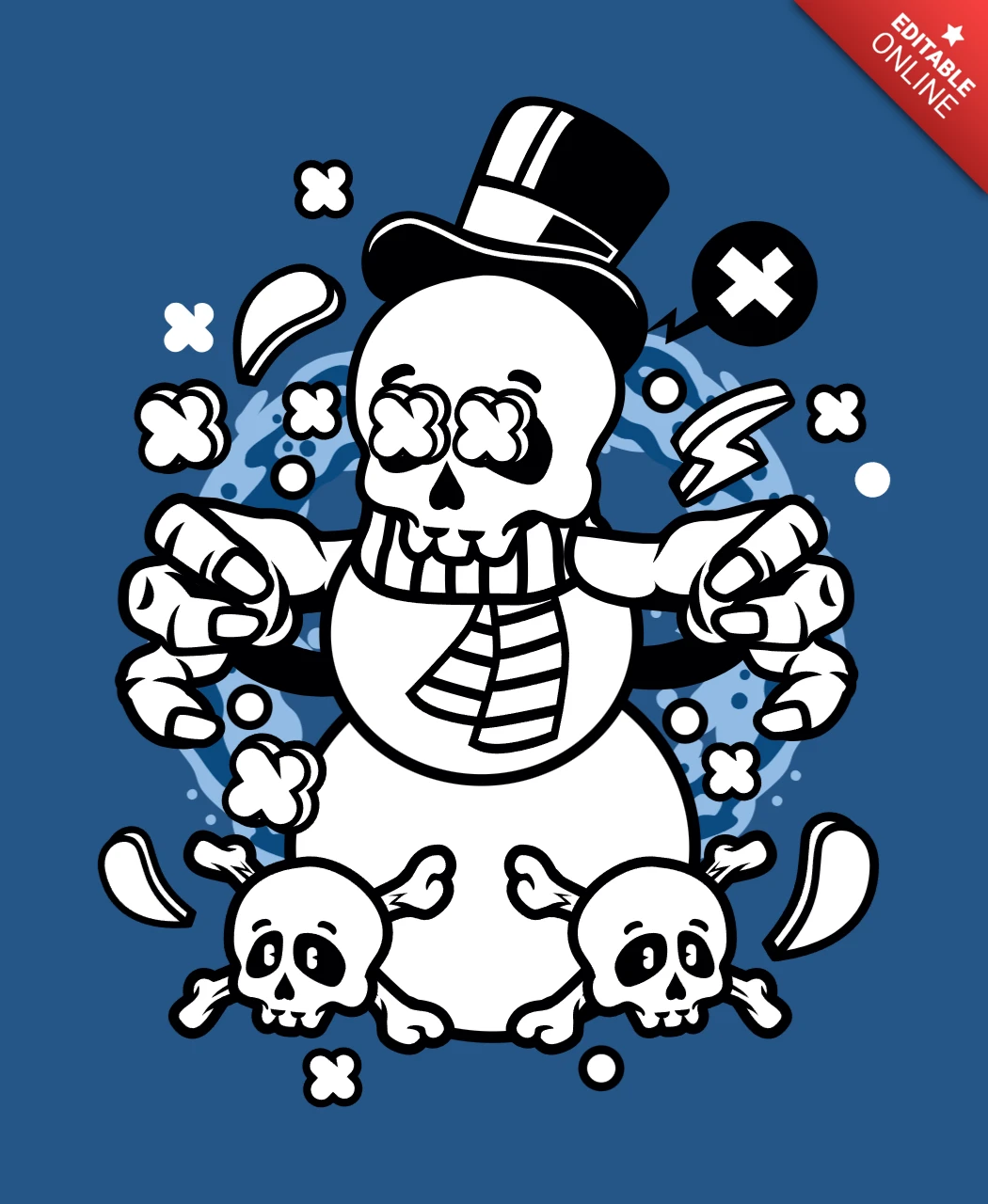 Modèle de t-shirt avec crâne de bonhomme de neige et personnage de bande dessinée