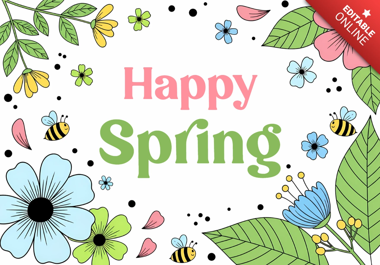 Frühling Blumen Designvorlage für Grußkarten mit Bienen und bunten Blumen