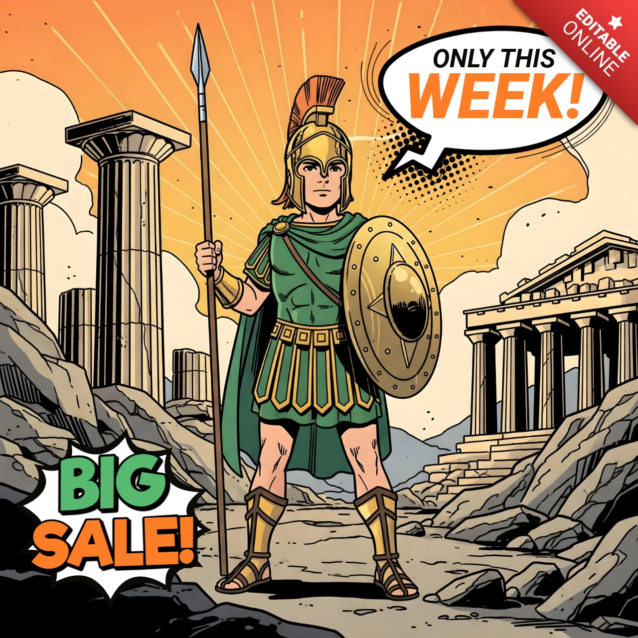 Griechischer Krieger Comic-Stil große Verkaufsart mit klassischen Ruinen & Speerhelden-Designvorlage für Werbeflyer
