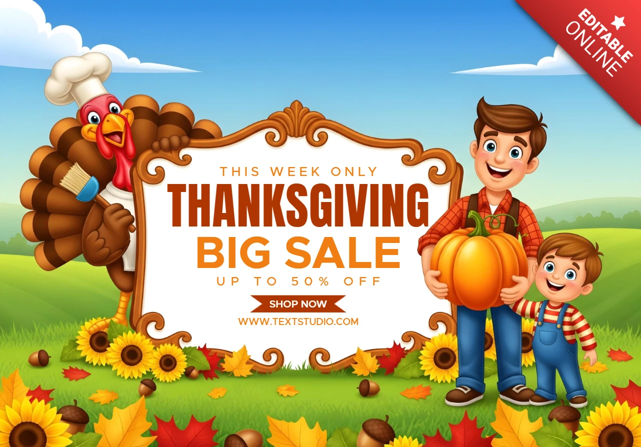 Thanksgiving grote uitverkoop chef kalkoen, glimlachend gezin & helder herfstlandschap promotionele banner ontwerpsjabloon