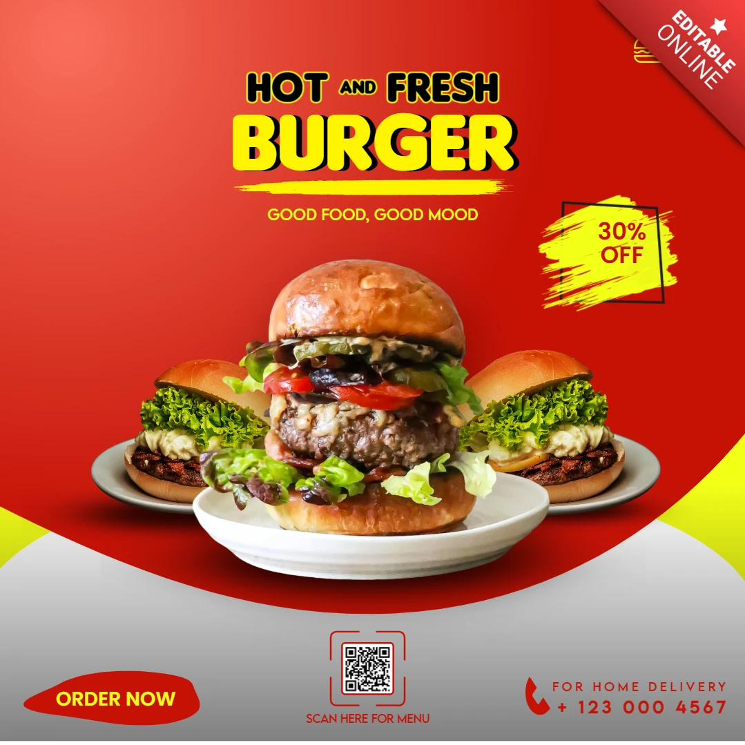 Modelo de postagem no Instagram para promoção de hambúrguer quente e fresco