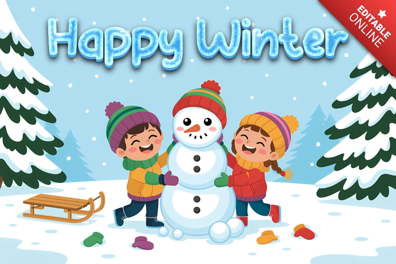 Plantilla de diseño de invierno feliz con muñeco de nieve para tarjetas de felicitación navideñas