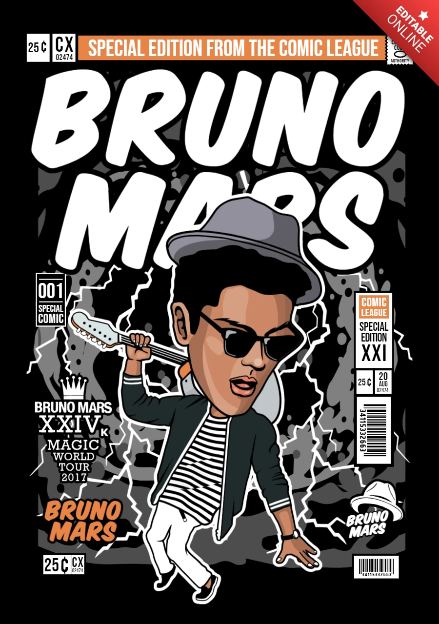 Bruno Mars Cartoon Character Magazine Cover Design Template