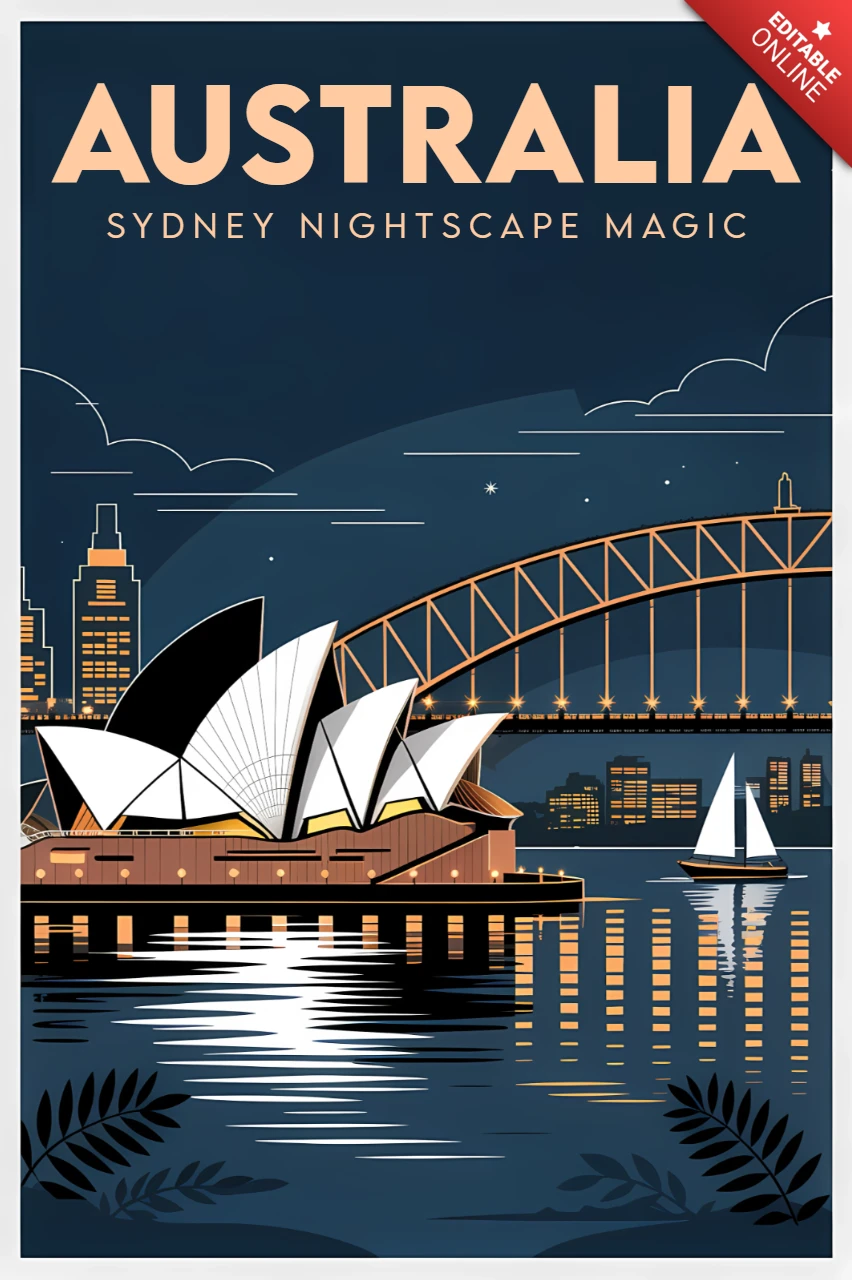 Template de design mágico da paisagem noturna de Sydney, Austrália, para pôsteres de viagem.