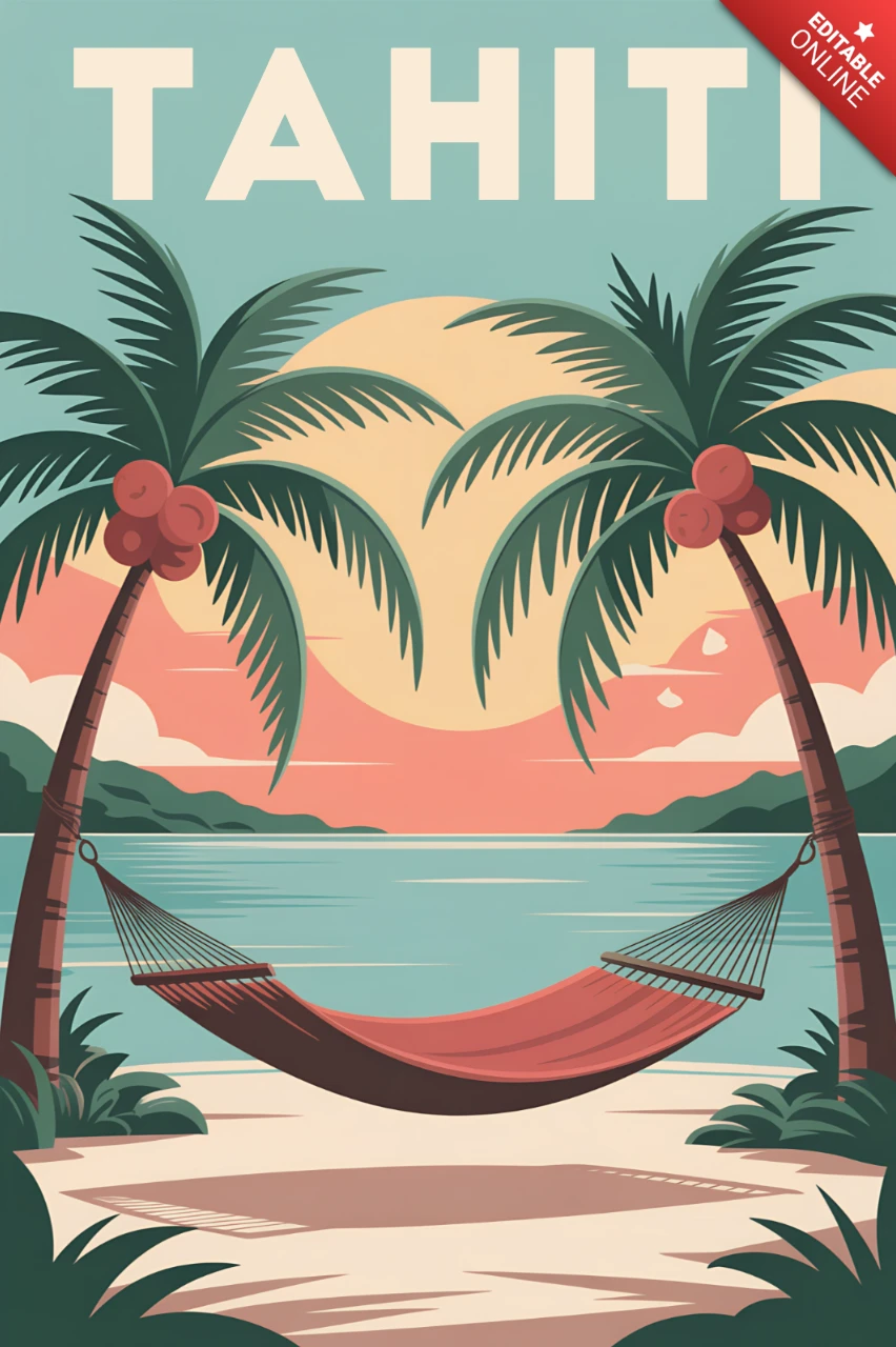 Tahiti Tropical Landscape with Hammock for Retro Flat Travel Posters and Merch Template