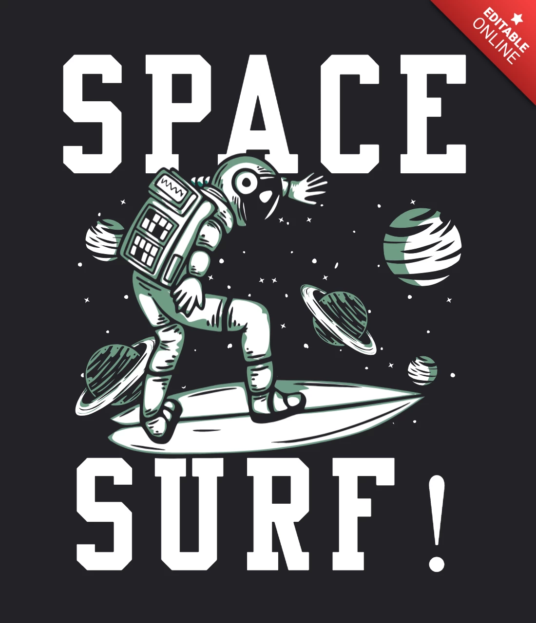 Plantilla de diseño de camiseta vintage de astronauta surfeando