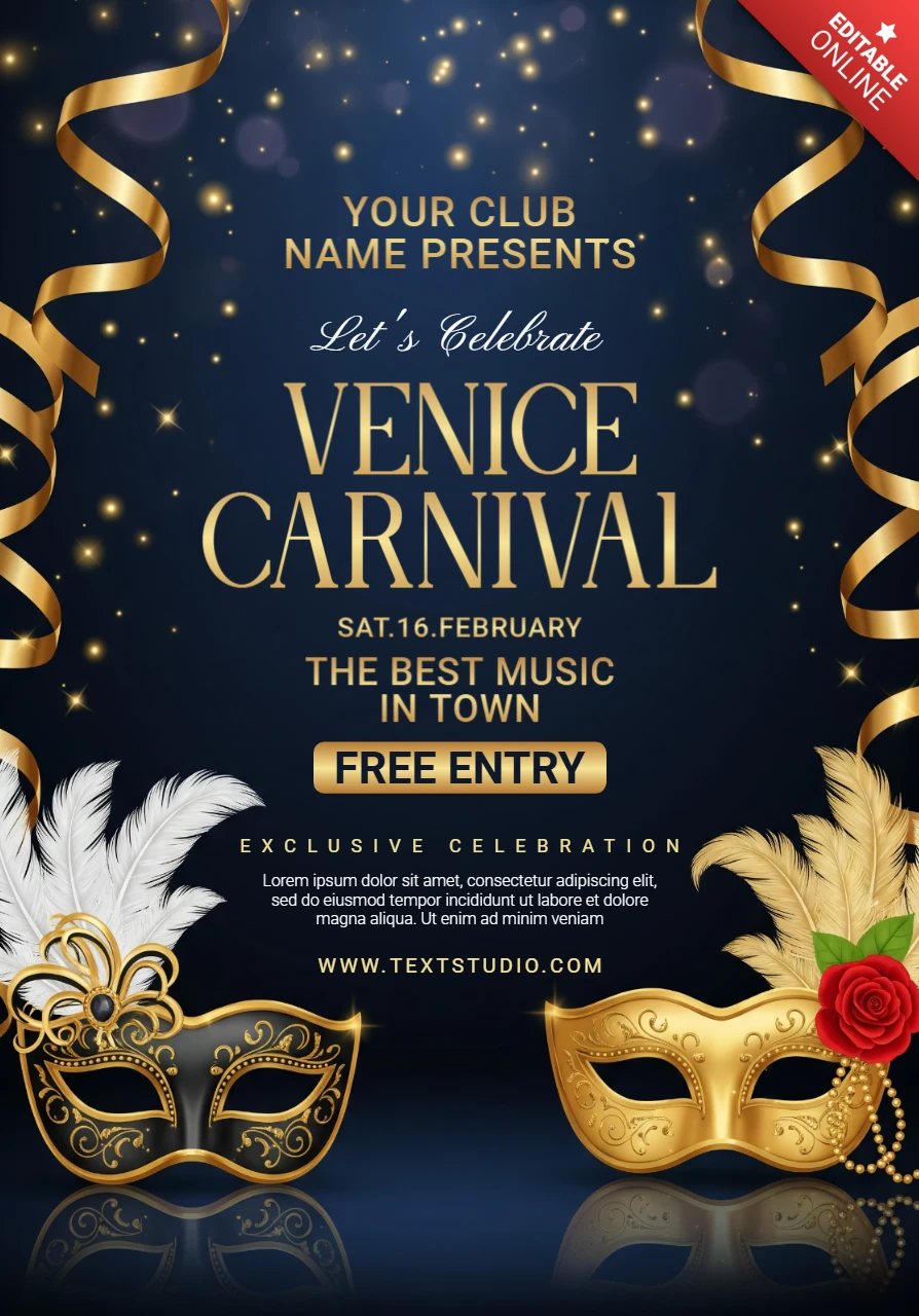 Manifesto di festa di carnevale di lusso a Venezia con maschere ornate con piume e rose rosse per una celebrazione esclusiva.