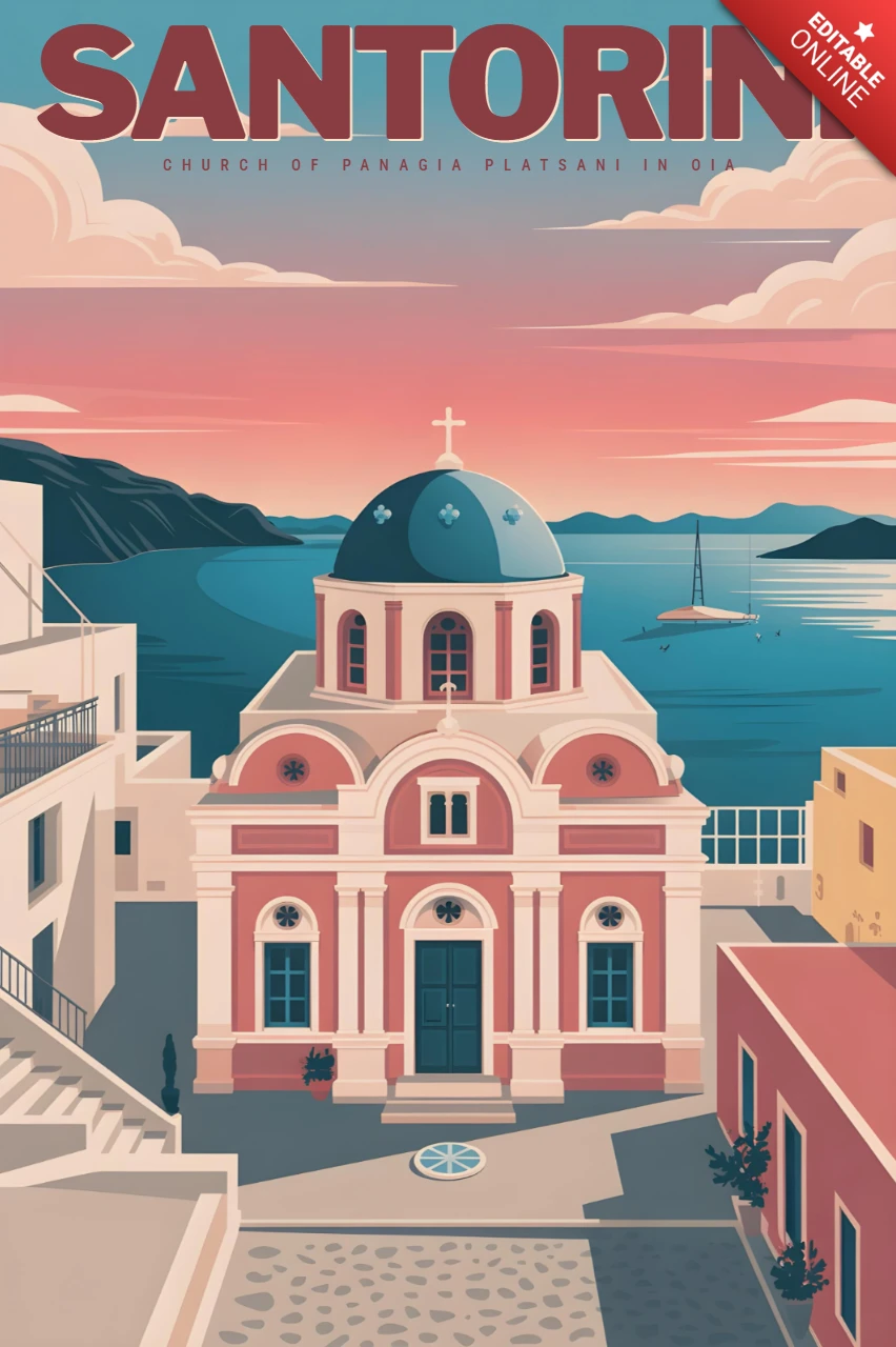 Kerk van Panagia Platsani in Oia met zonsondergang hemel Santorini reisposters ontwerpsjabloon