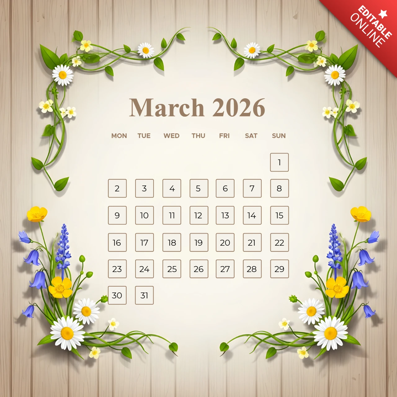 Affiche de calendrier imprimable de mars 2026 avec cadre floral décoratif et thème en bois rustique