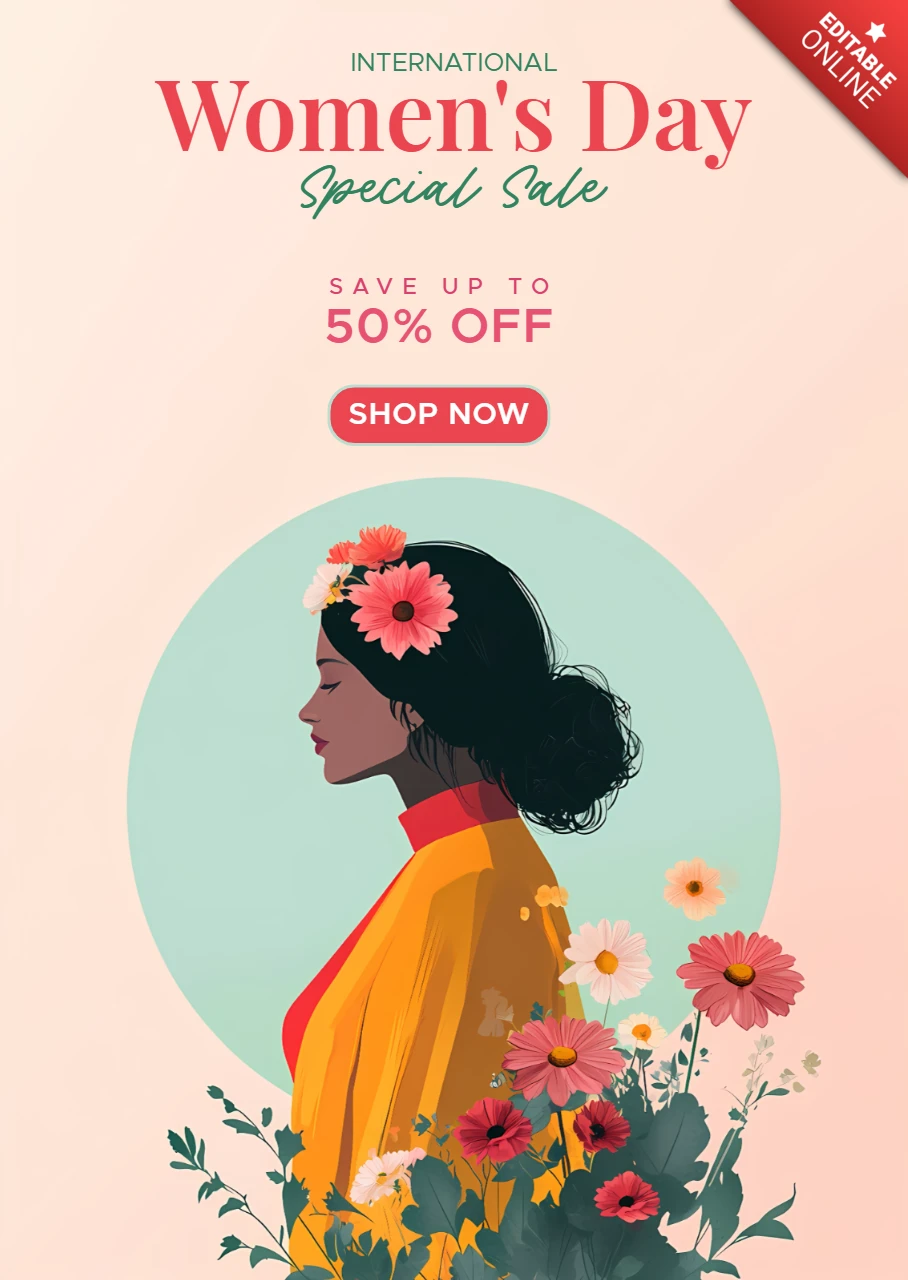 Diseño plano minimalista retro editable para plantilla de folleto de venta del día de la mujer