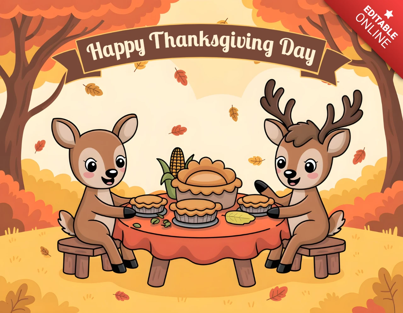 Tarjeta de Acción de Gracias, lindos ciervos amigos disfrutando de una comida festiva bajo árboles otoñales coloridos, plantilla de diseño de banner.