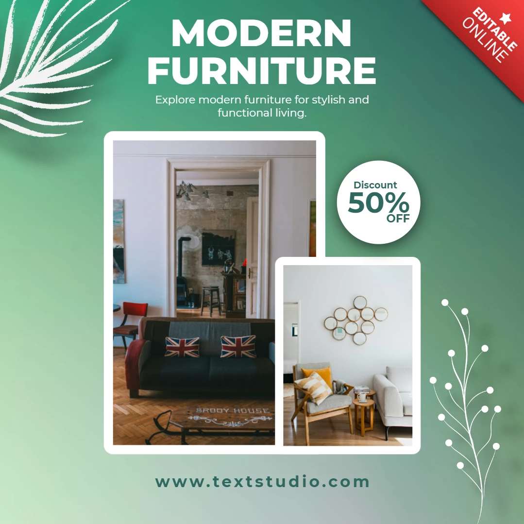 Green And White Minimalist Modern Furniture Sale Discount Instagram Post